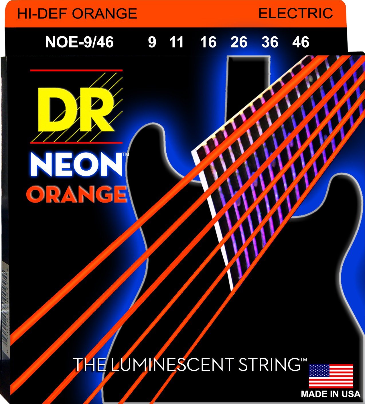 DR NEON Hi-Def Orange - NOE- 9/46 - Electric Guitar String Set, Heavy & Light, .009-.046 DR NEON Hi-Def Orange - NOE- 9/46 - struny do gitary elektrycznej Set, Heavy & Light, .009-.046