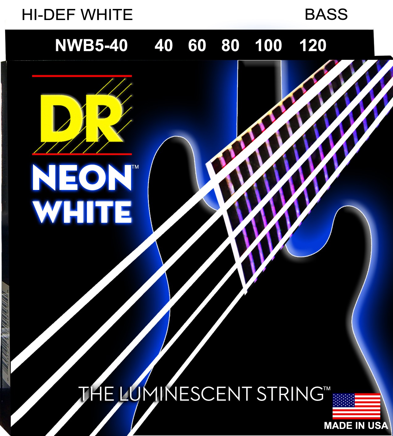 DR NEON Hi-Def White - struny do gitary basowej, 5-String, Light, .040-.120