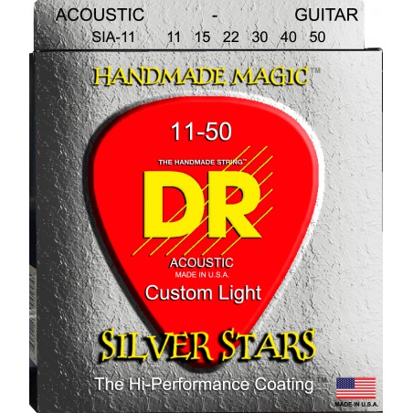 DR SILVER STARS - SIA-11 - Acoustic Guitar String Set, Coated Phosphor Bronze, Medium Light, .011-.050