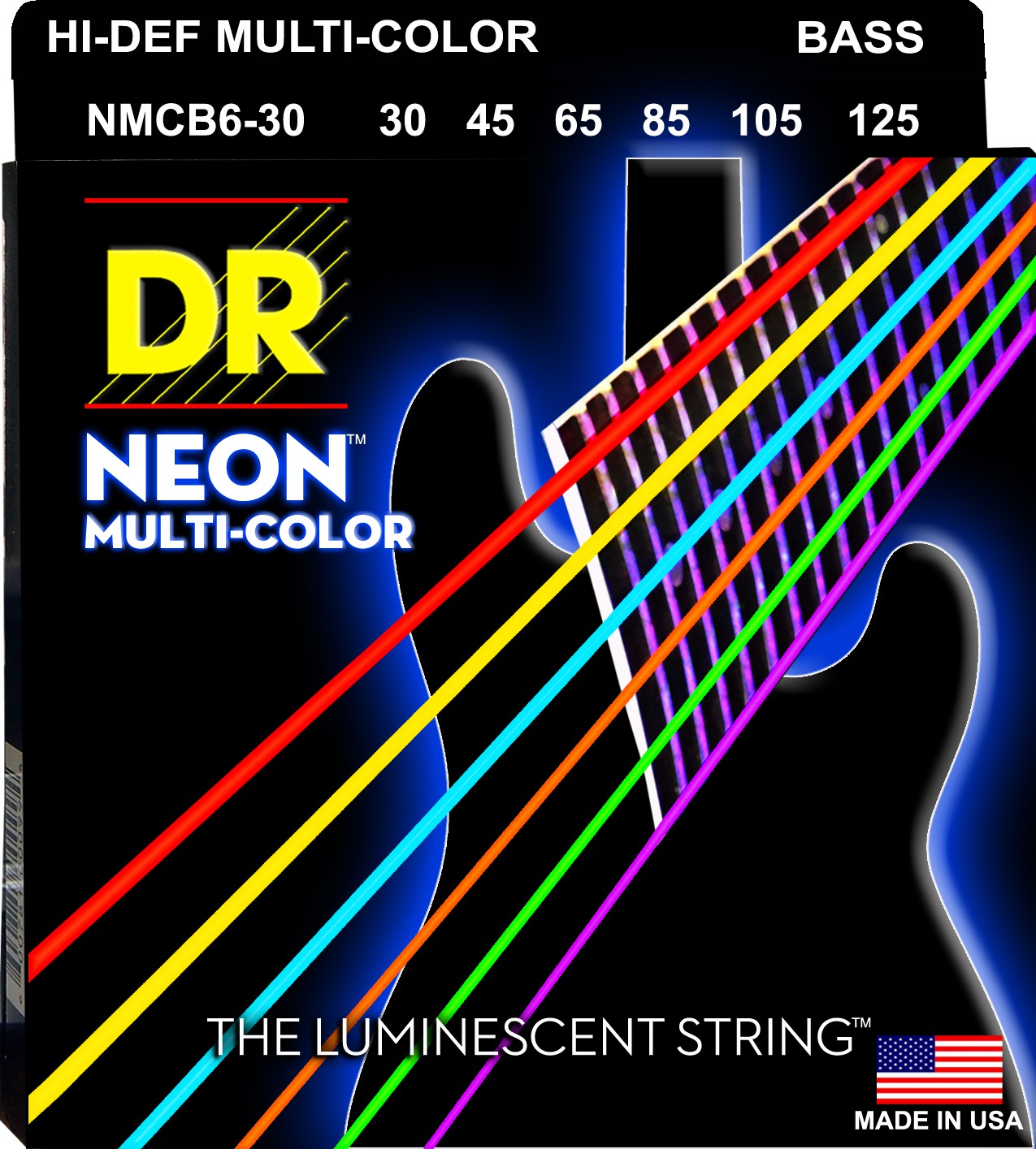 DR NEON Hi-Def Multi-Color - struny do gitary basowej, 6-String, Medium, .030-.125