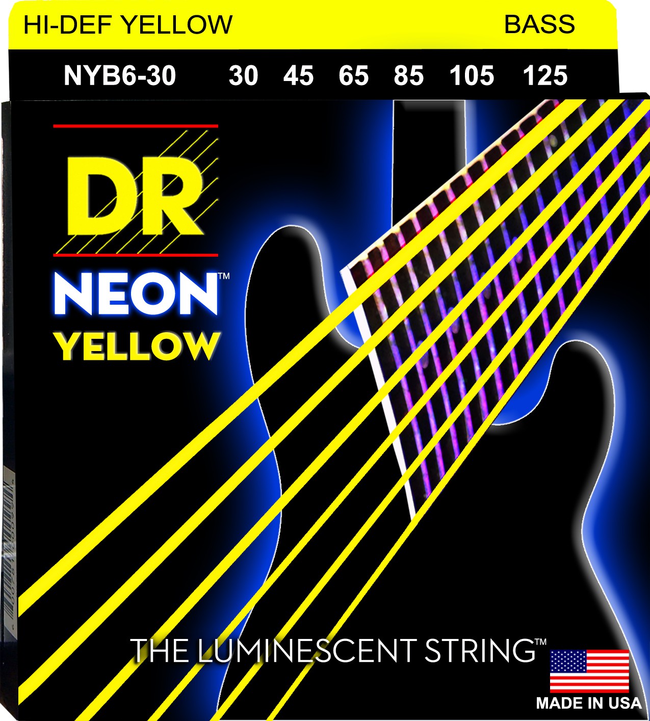 DR NEON Hi-Def Yellow - struny do gitary basowej, 6-String, Medium, .030-.125