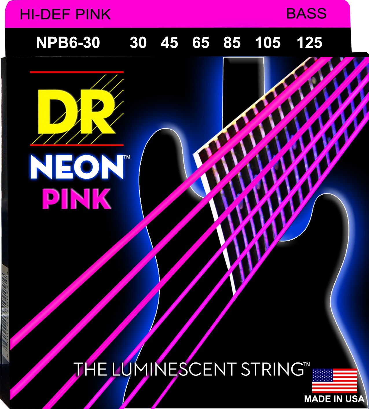 DR NEON Hi-Def Pink - struny do gitary basowej, 6-String, Medium, .030-.125