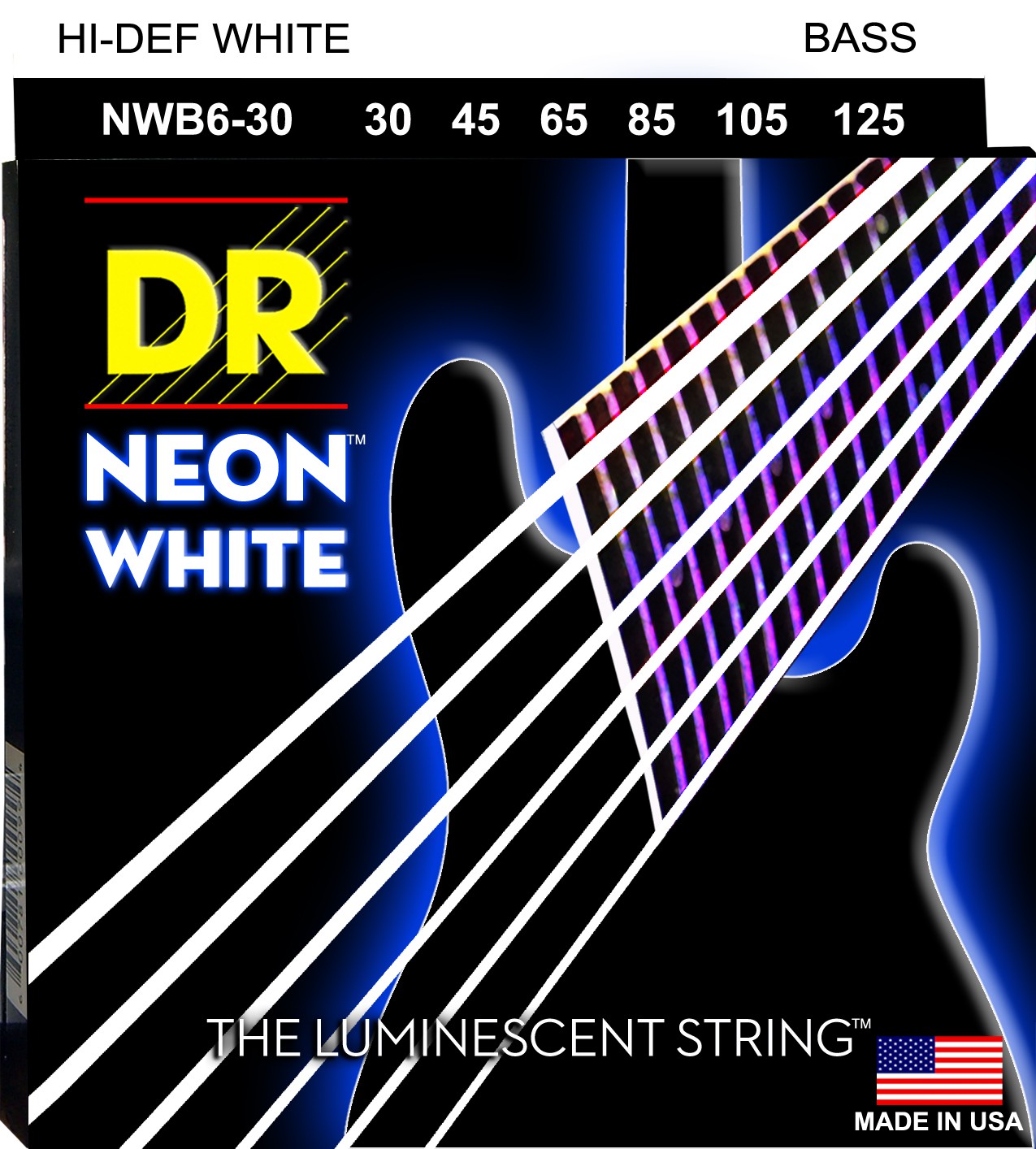 DR NEON Hi-Def White - struny do gitary basowej, 6-String, Medium, .030-.125