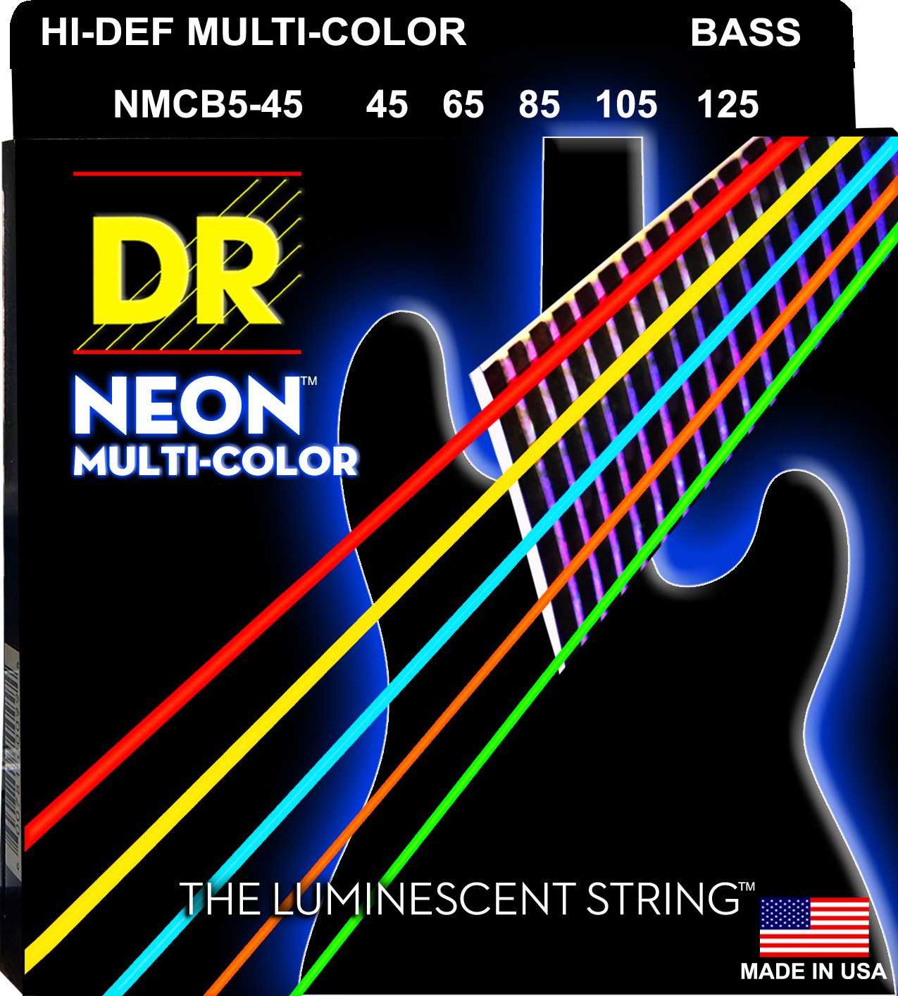 DR NEON Hi-Def Multi-Color - Bass String Set, 5-String, Medium, .045-.125 DR NEON Hi-Def Multi-Color - struny do gitary basowej, 5-String, Medium, .045-.125