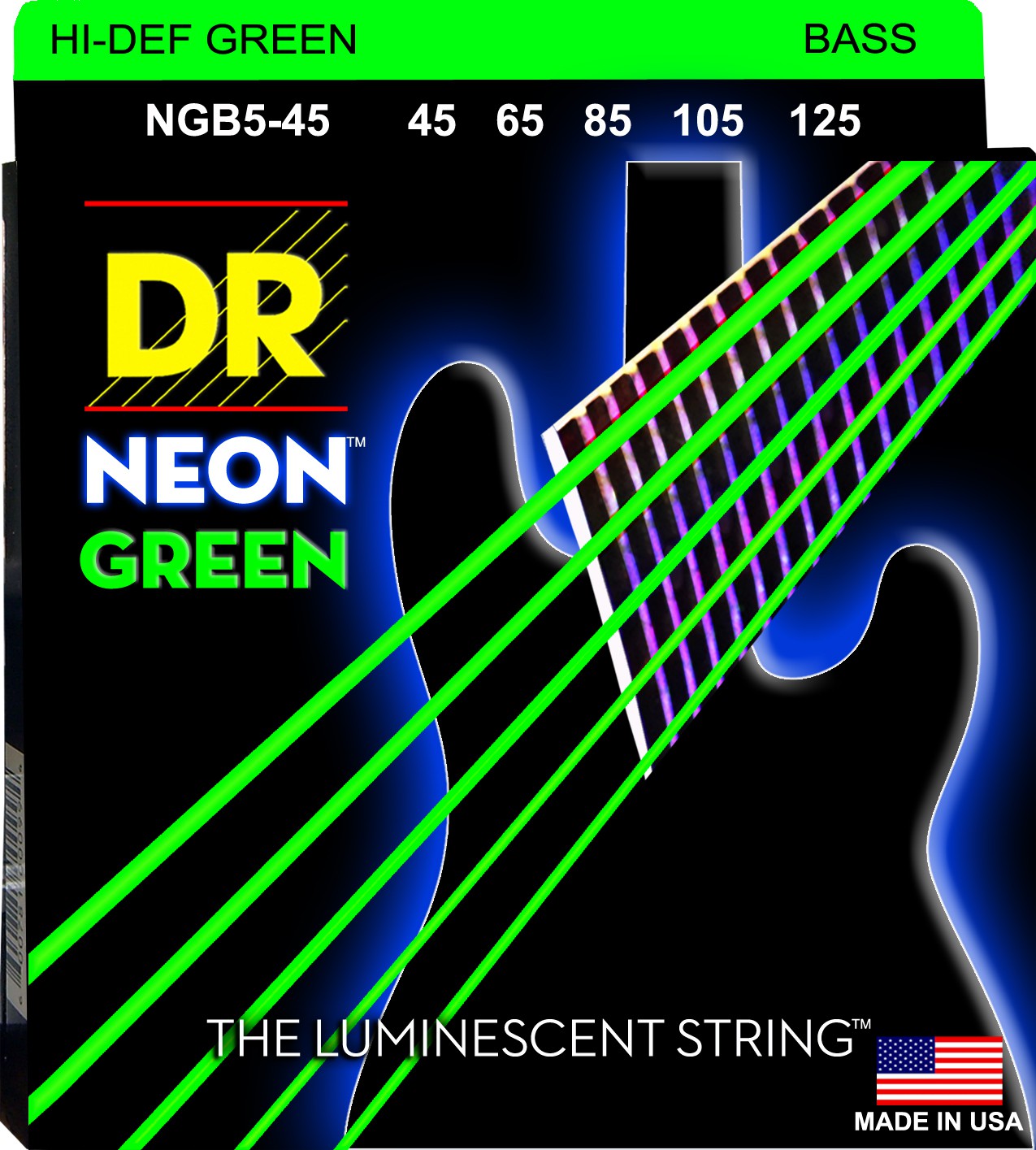 DR NEON Hi-Def Green - struny do gitary basowej, 5-String, Medium, .045-.125