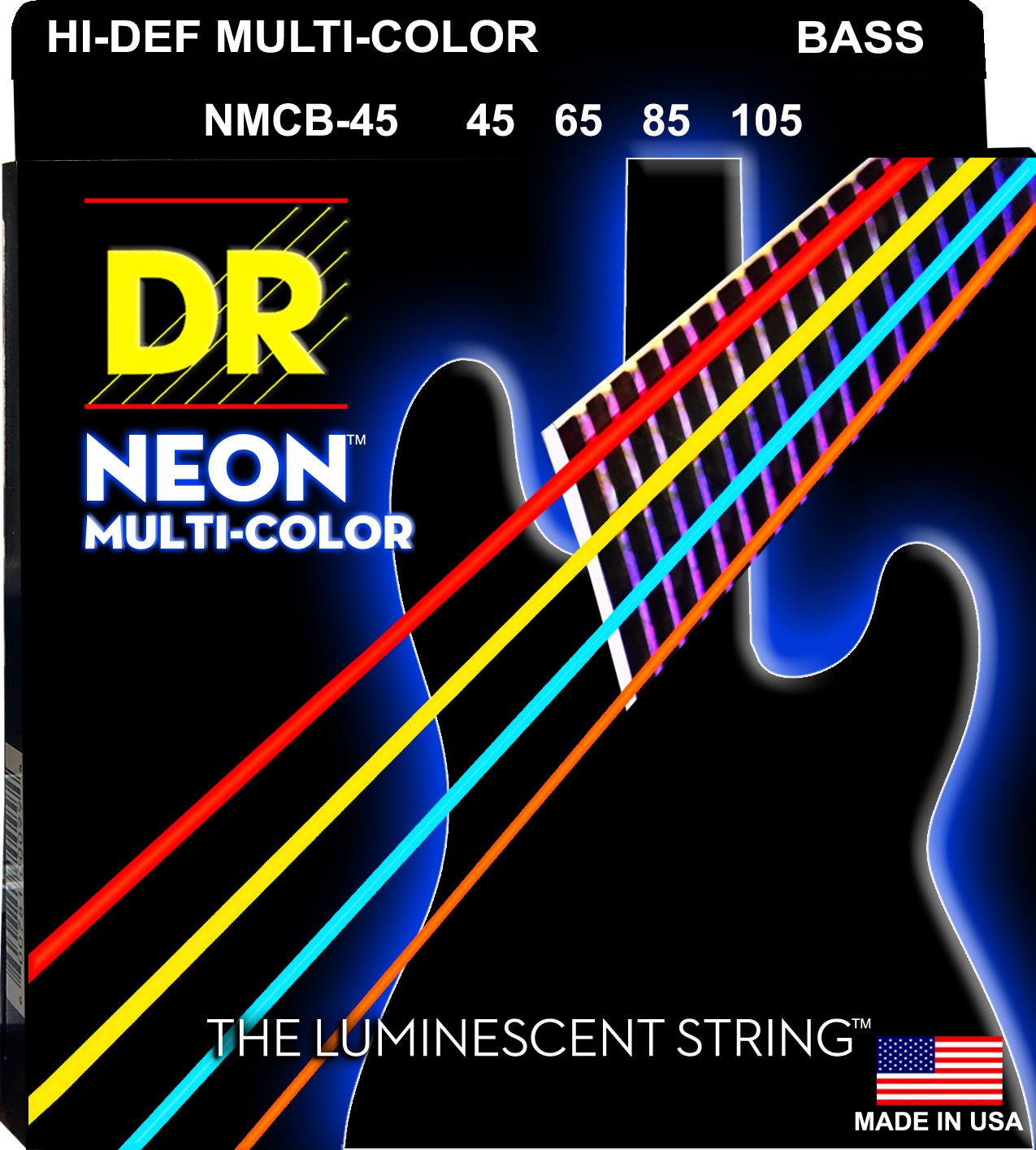 DR NEON Hi-Def Multi-Color - struny do gitary basowej, 4-String, Medium, .045-.105