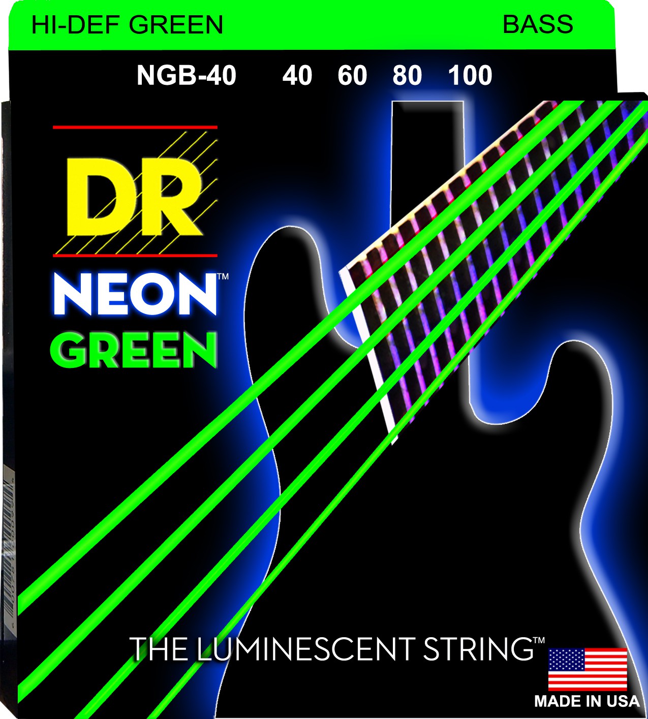 DR NEON Hi-Def Green - Bass String Set, 4-String, Light, .040-.100 DR NEON Hi-Def Green - struny do gitary basowej, 4-String, Light, .040-.100