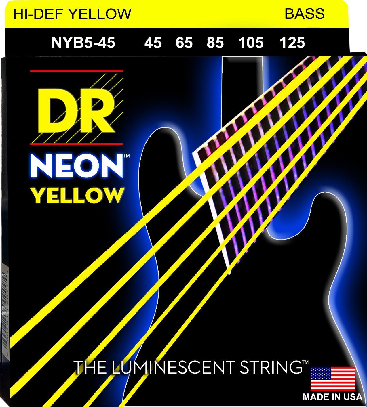 DR NEON Hi-Def Yellow - Bass String Set, 5-String, Medium, .045-.125 DR NEON Hi-Def Yellow - struny do gitary basowej, 5-String, Medium, .045-.125