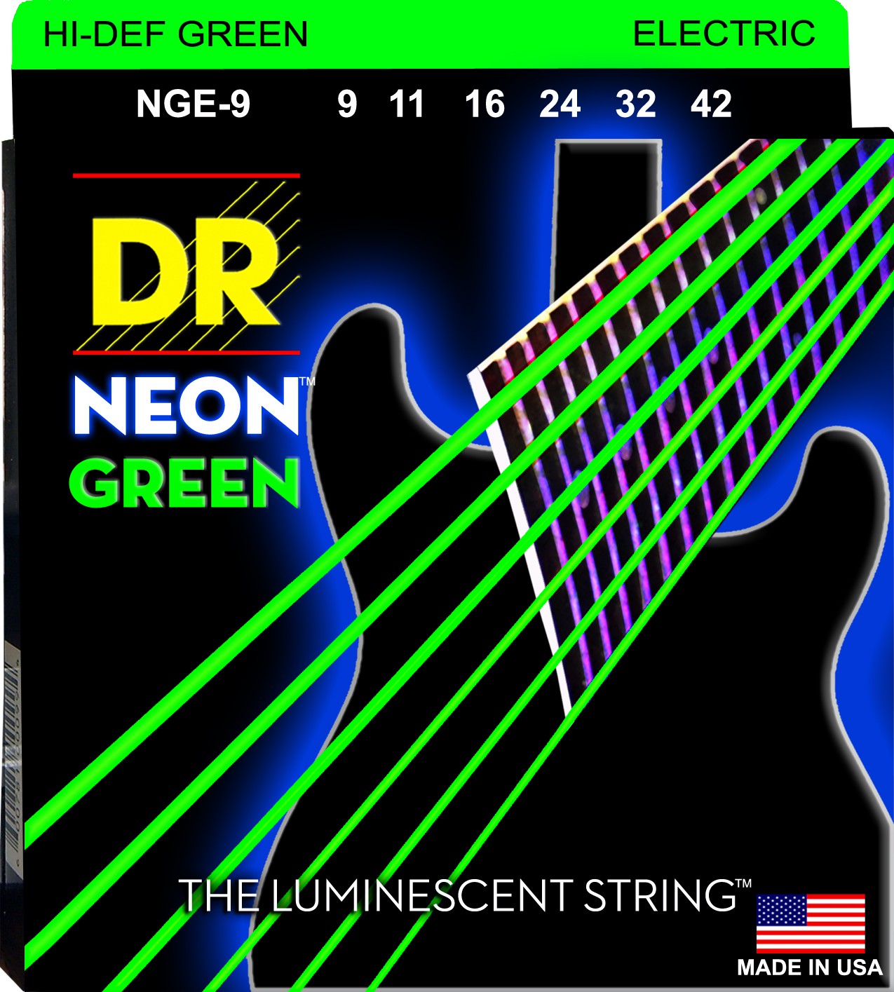 DR NEON Hi-Def Green - NGE- 9 - Electric Guitar String Set, Light, .009-.042 DR NEON Hi-Def Green - NGE- 9 - struny do gitary elektrycznej Set, Light, .009-.042
