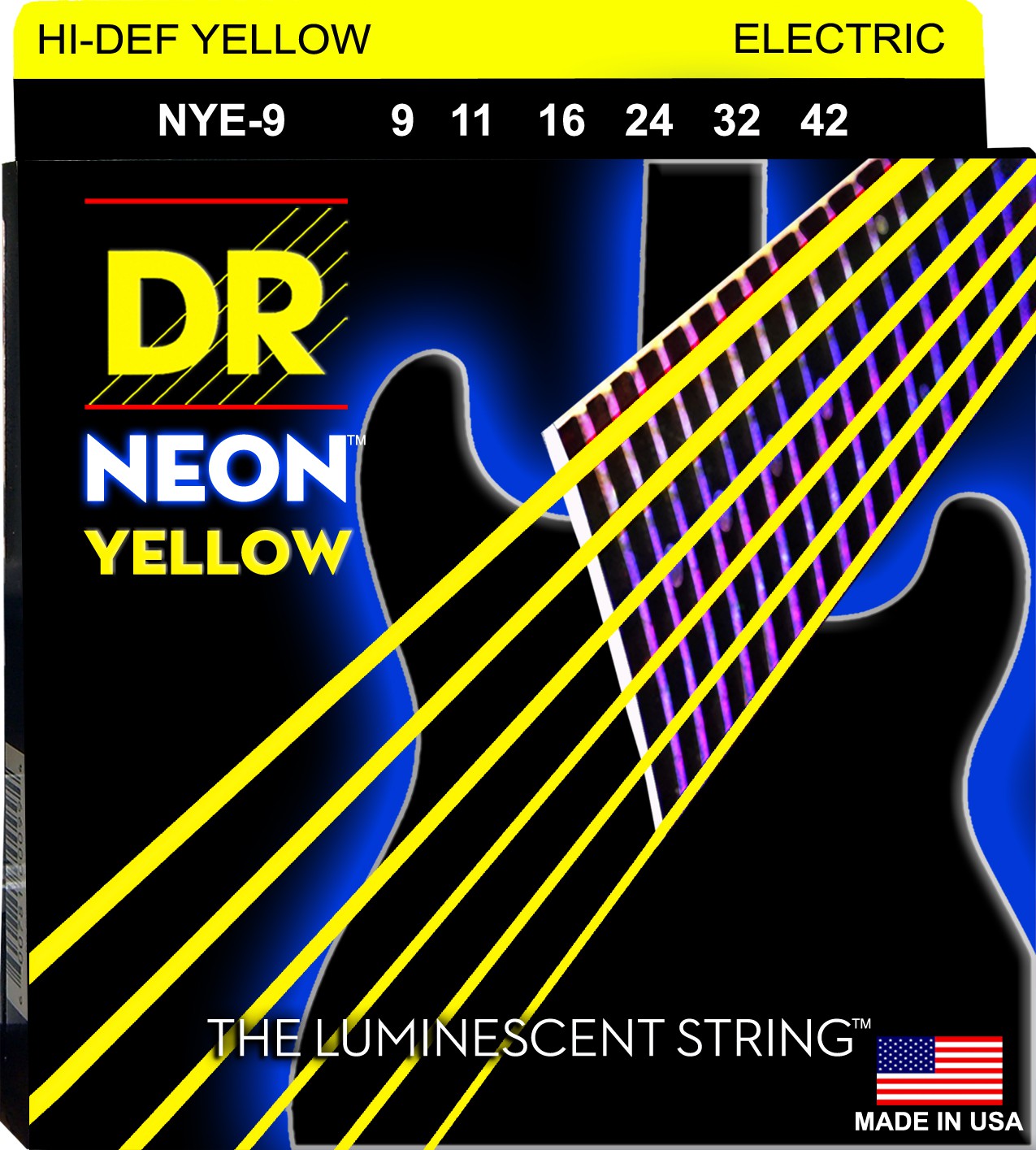 DR NEON Hi-Def Yellow - NYE- 9 - Electric Guitar String Set, Light, .009-.042 DR NEON Hi-Def Yellow - NYE- 9 - struny do gitary elektrycznej Set, Light, .009-.042