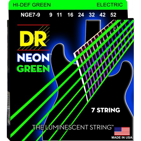 DR NEON Hi-Def Green - NGE7- 9 - Electric Guitar String Set, 7-String Light, .009-.052