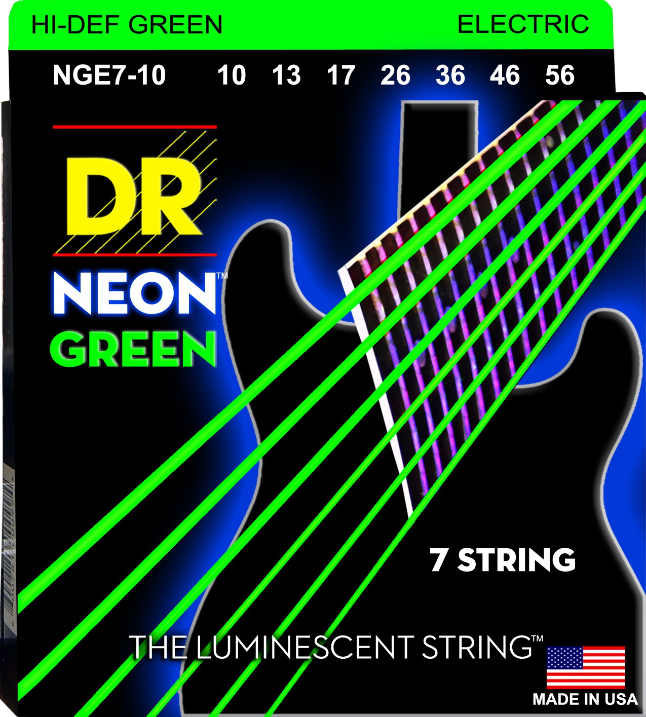 DR NEON Hi-Def Green - NGE7-10 - Electric Guitar String Set, 7-String Medium, .010-.056 DR NEON Hi-Def Green - NGE7-10 - struny do gitary elektrycznej Set, 7-String Medium, .010-.056