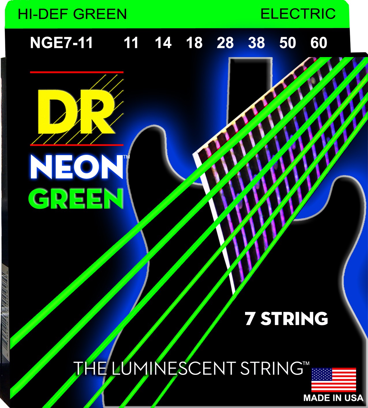 DR NEON Hi-Def Green - NGE7-11 - Electric Guitar String Set, 7-String Medium Heavy, .011-.060 DR NEON Hi-Def Green - NGE7-11 - struny do gitary elektrycznej Set, 7-String Medium Heavy, .011-.060