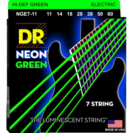 DR NEON Hi-Def Green - NGE7-11 - Electric Guitar String Set, 7-String Medium Heavy, .011-.060
