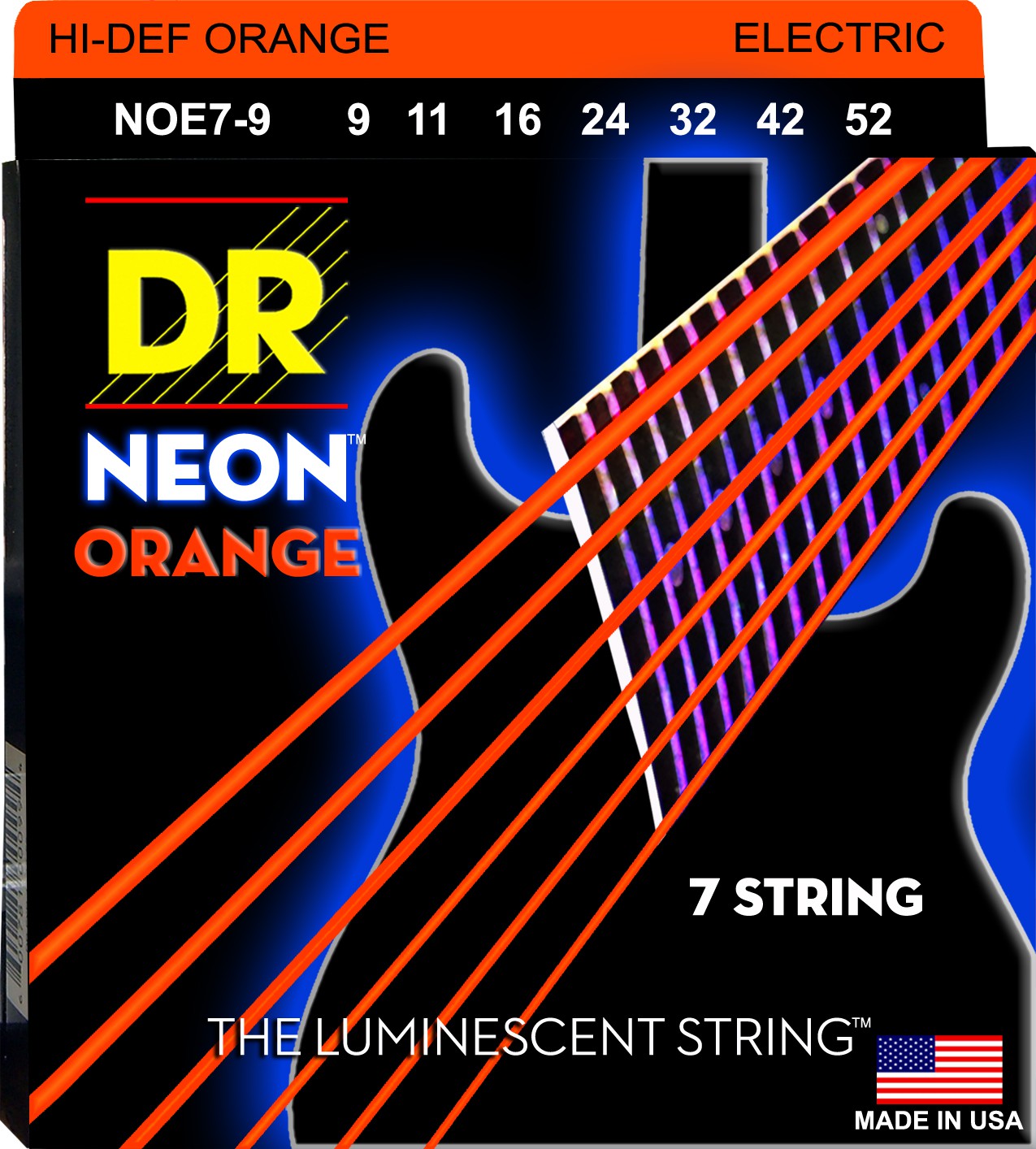 DR NEON Hi-Def Orange - NOE7- 9 - Electric Guitar String Set, 7-String Light, .009-.052 DR NEON Hi-Def Orange - NOE7- 9 - struny do gitary elektrycznej Set, 7-String Light, .009-.052
