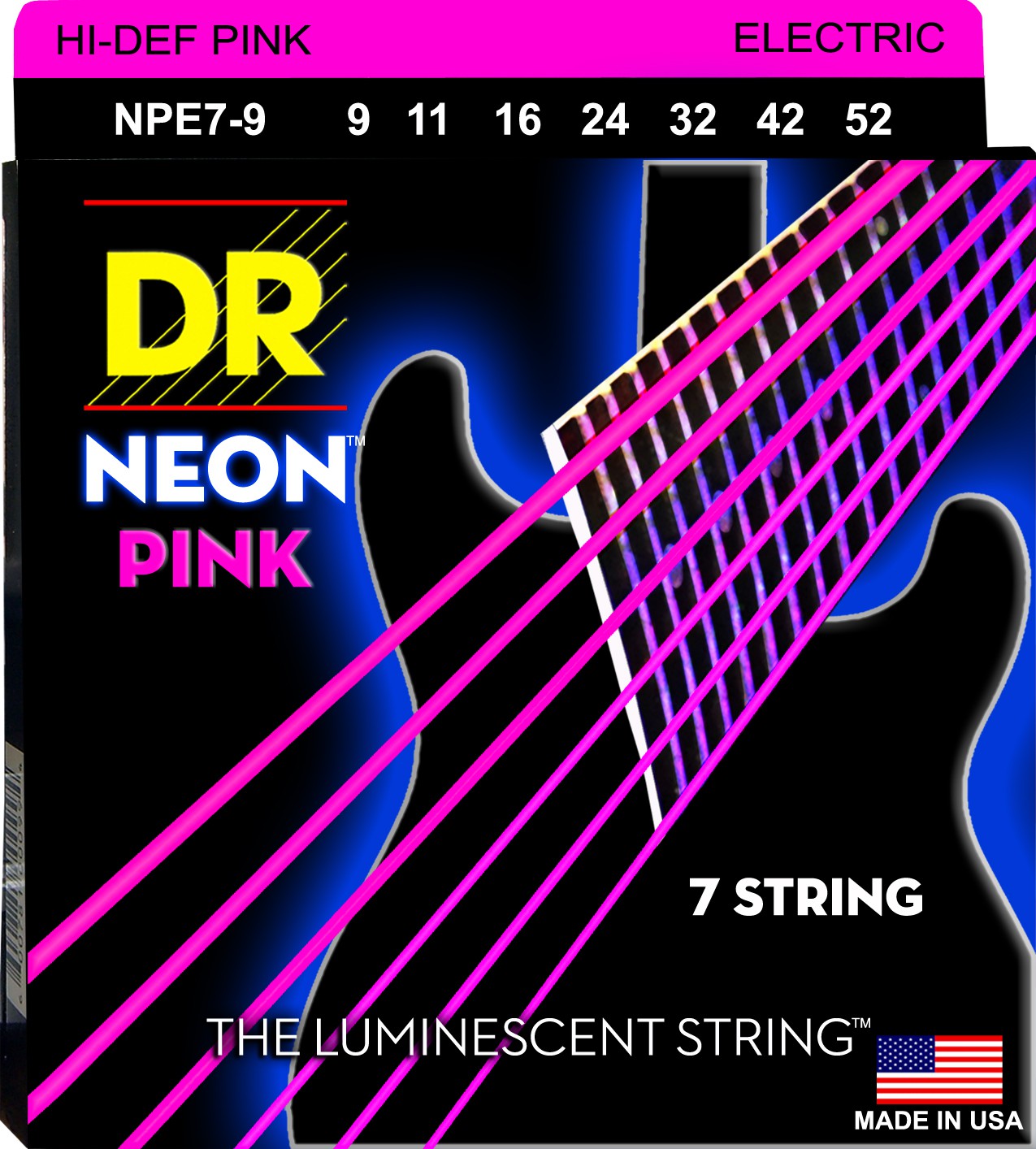 DR NEON Hi-Def Pink - NPE7- 9 - struny do gitary elektrycznej Set, 7-String Light, .009-.052