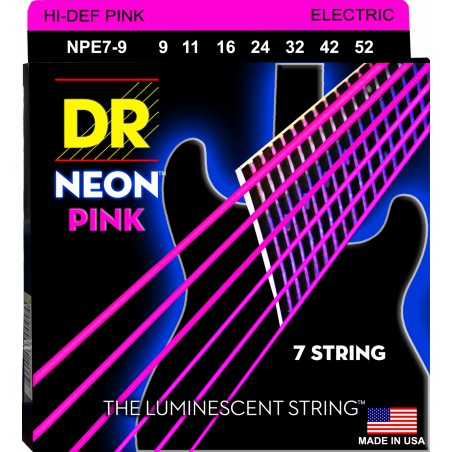 DR NEON Hi-Def Pink - NPE7- 9 - Electric Guitar String Set, 7-String Light, .009-.052
