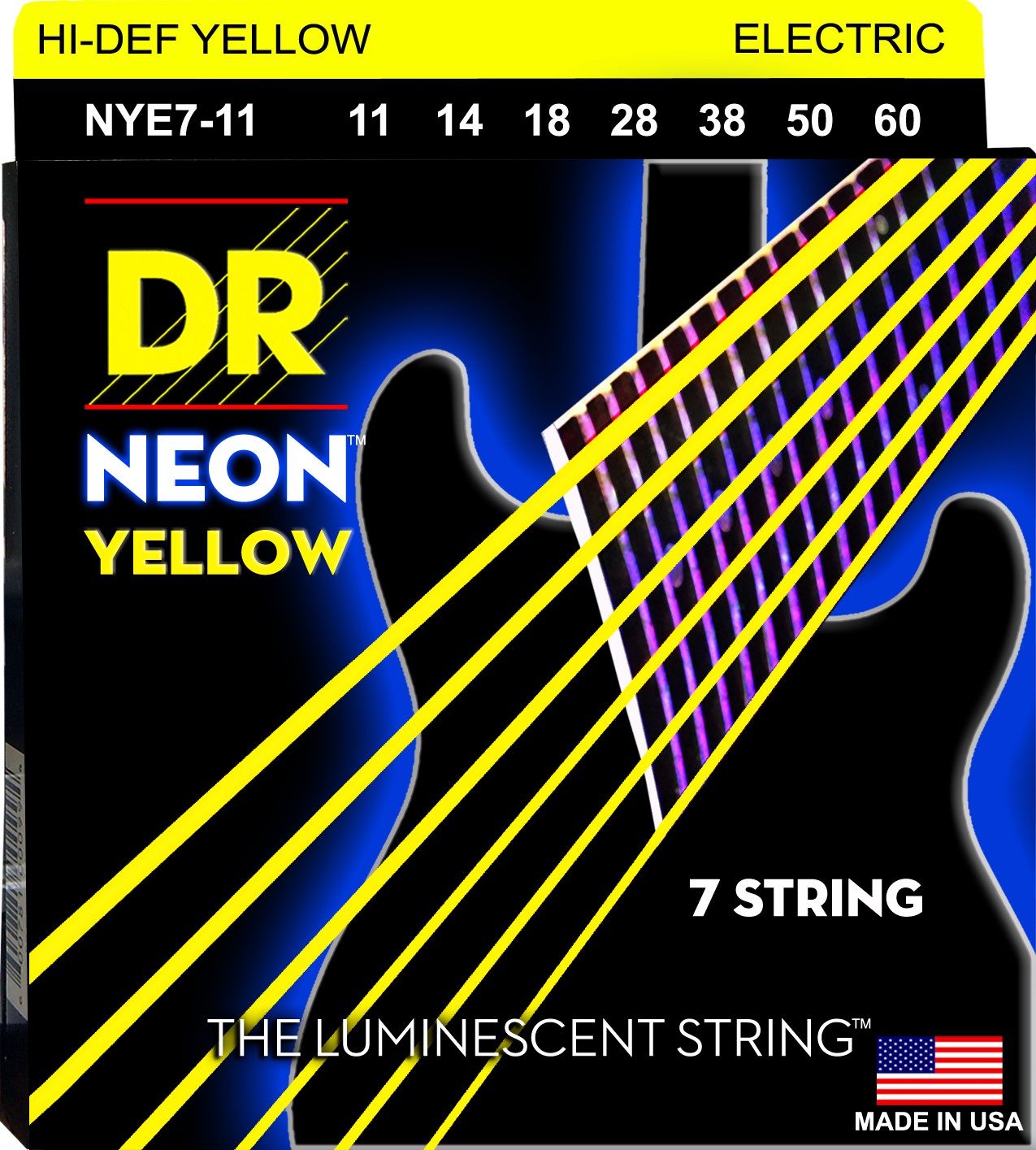 DR NEON Hi-Def Yellow - NYE7-11 - Electric Guitar String Set, 7-String Medium Heavy, .011-.060 DR NEON Hi-Def Yellow - NYE7-11 - struny do gitary elektrycznej Set, 7-String Medium Heavy, .011-.060