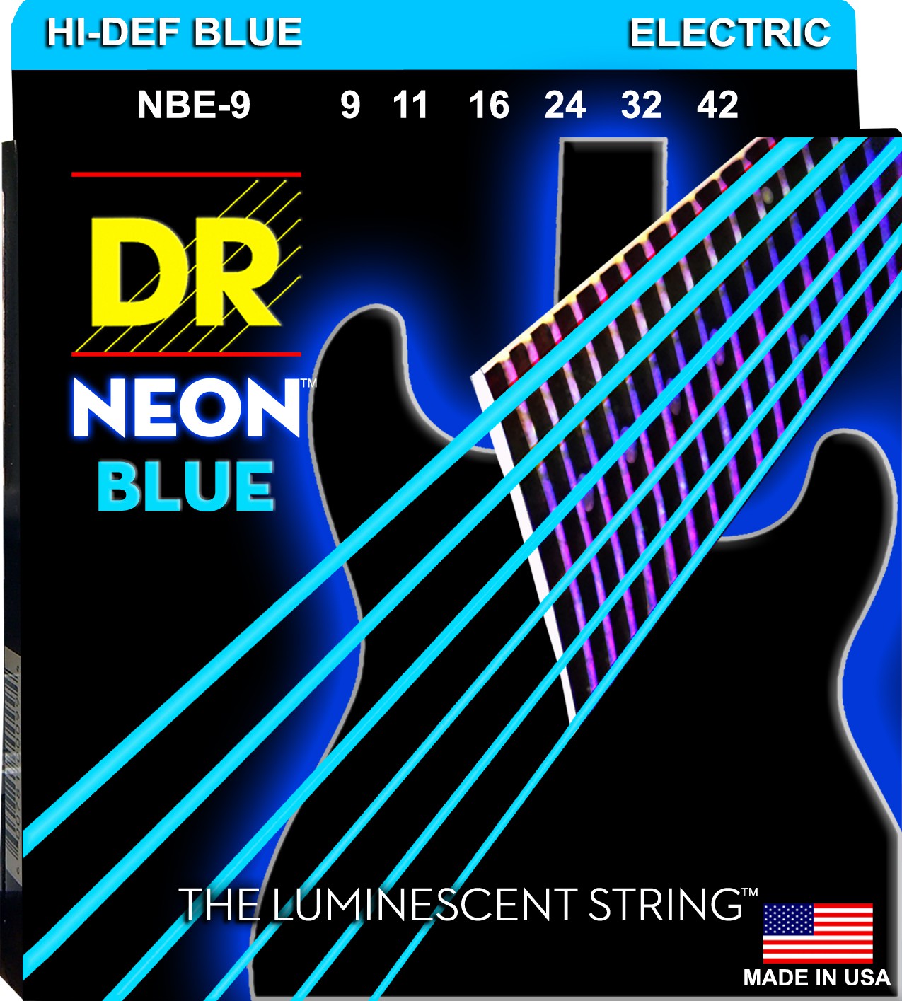 DR NEON Hi-Def Blue - NBE- 9 - Electric Guitar String Set, Light, .009-.042 DR NEON Hi-Def Blue - NBE- 9 - struny do gitary elektrycznej Set, Light, .009-.042