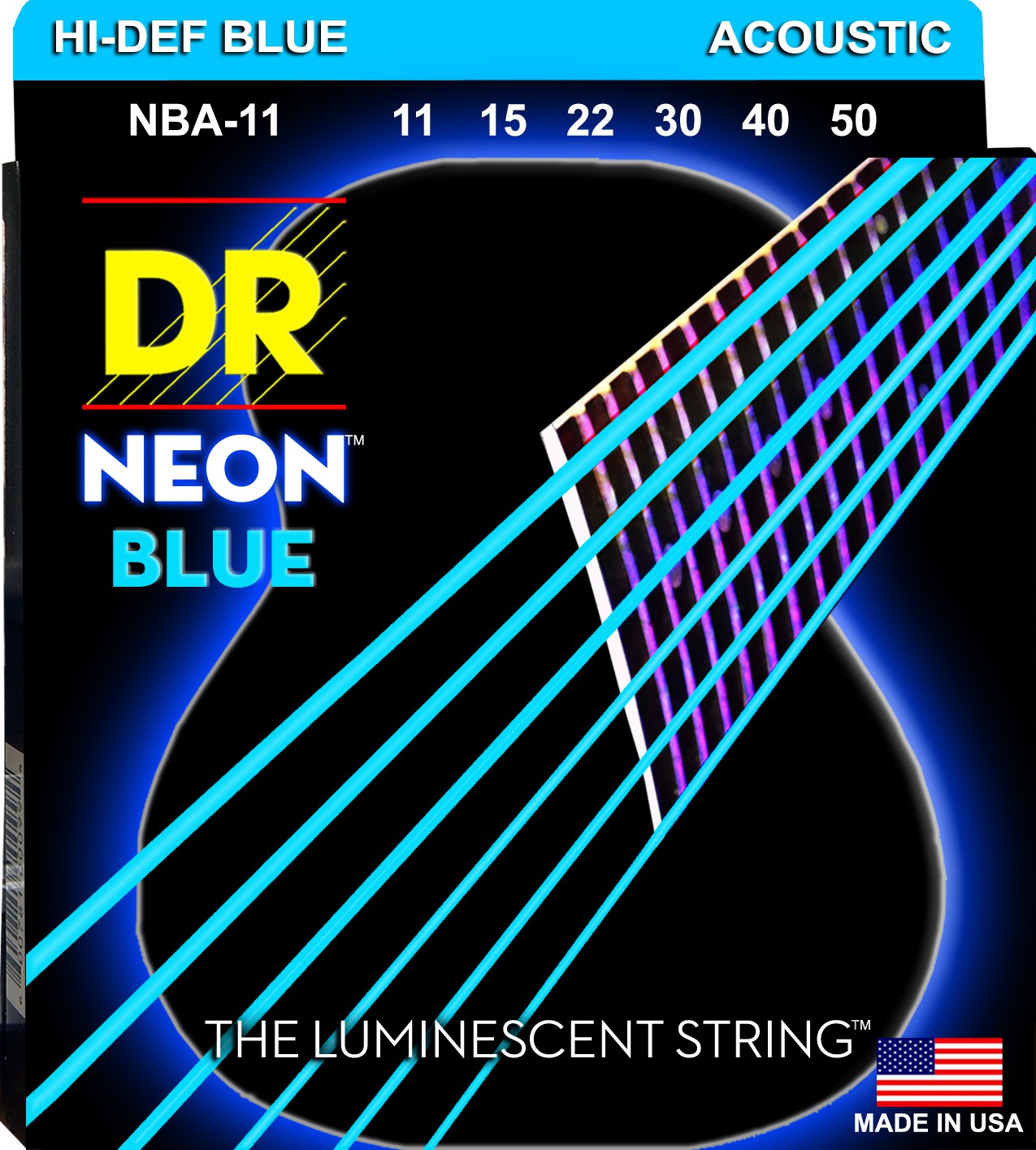 DR NEON Hi-Def Blue - NBA-11 - Acoustic Guitar String Set, Medium Light .011-.050 DR NEON Hi-Def Blue - NBA-11 - struny do gitary akustycznej Set, Medium Light .011-.050