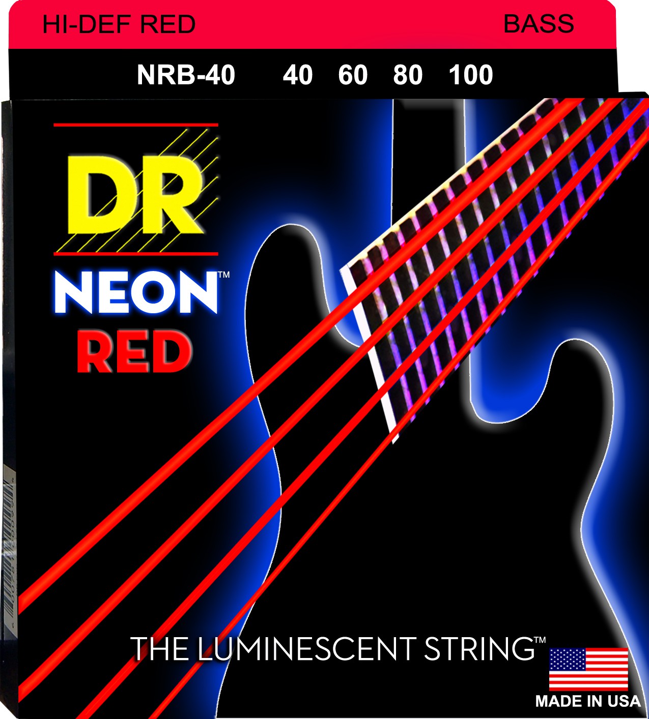 DR NEON Hi-Def Red - Bass String Set, 4-String, Light, .040-.100 DR NEON Hi-Def Red - struny do gitary basowej, 4-String, Light, .040-.100