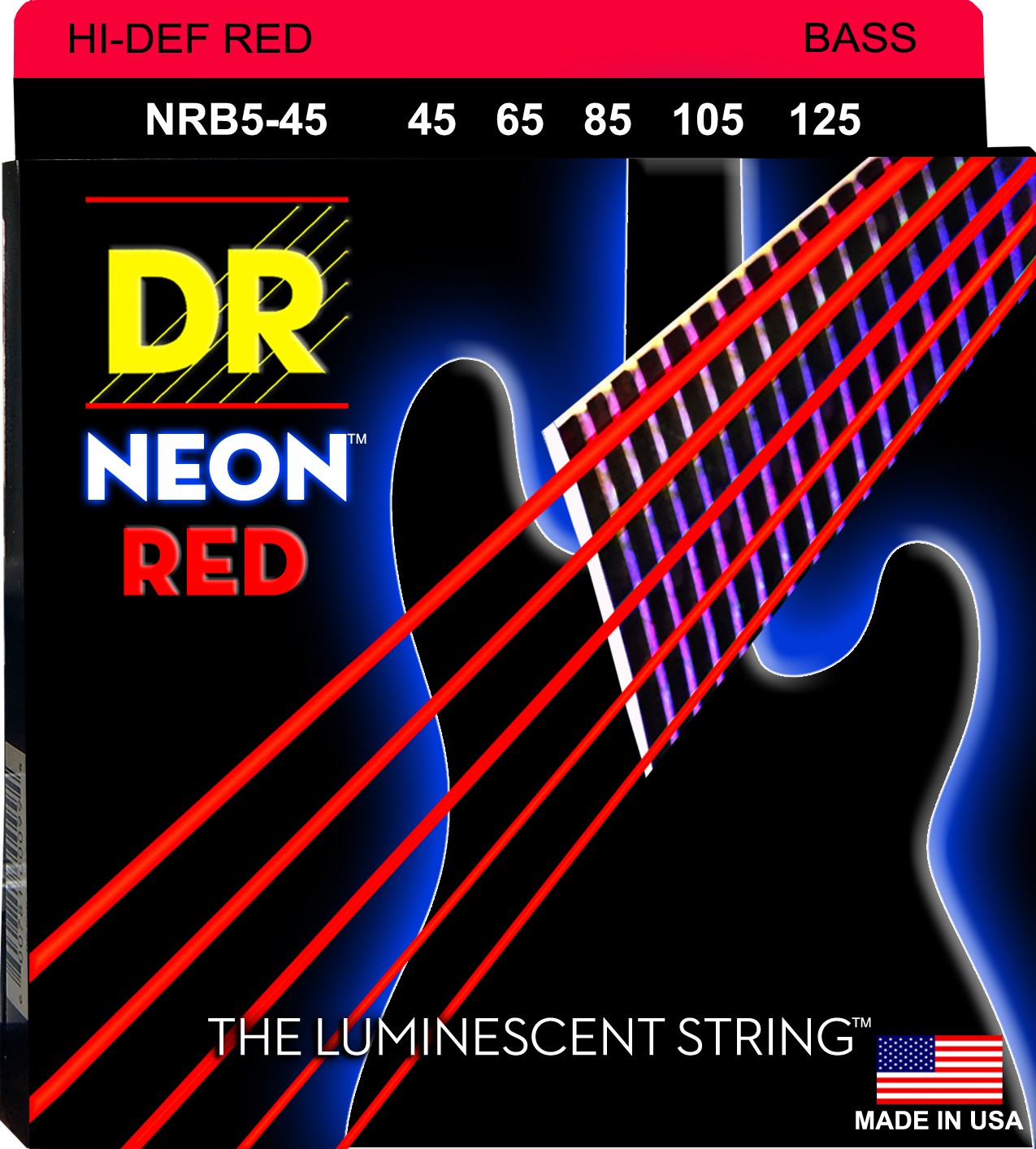 DR NEON Hi-Def Red - Bass String Set, 5-String, Medium, .045-.125 DR NEON Hi-Def Red - struny do gitary basowej, 5-String, Medium, .045-.125