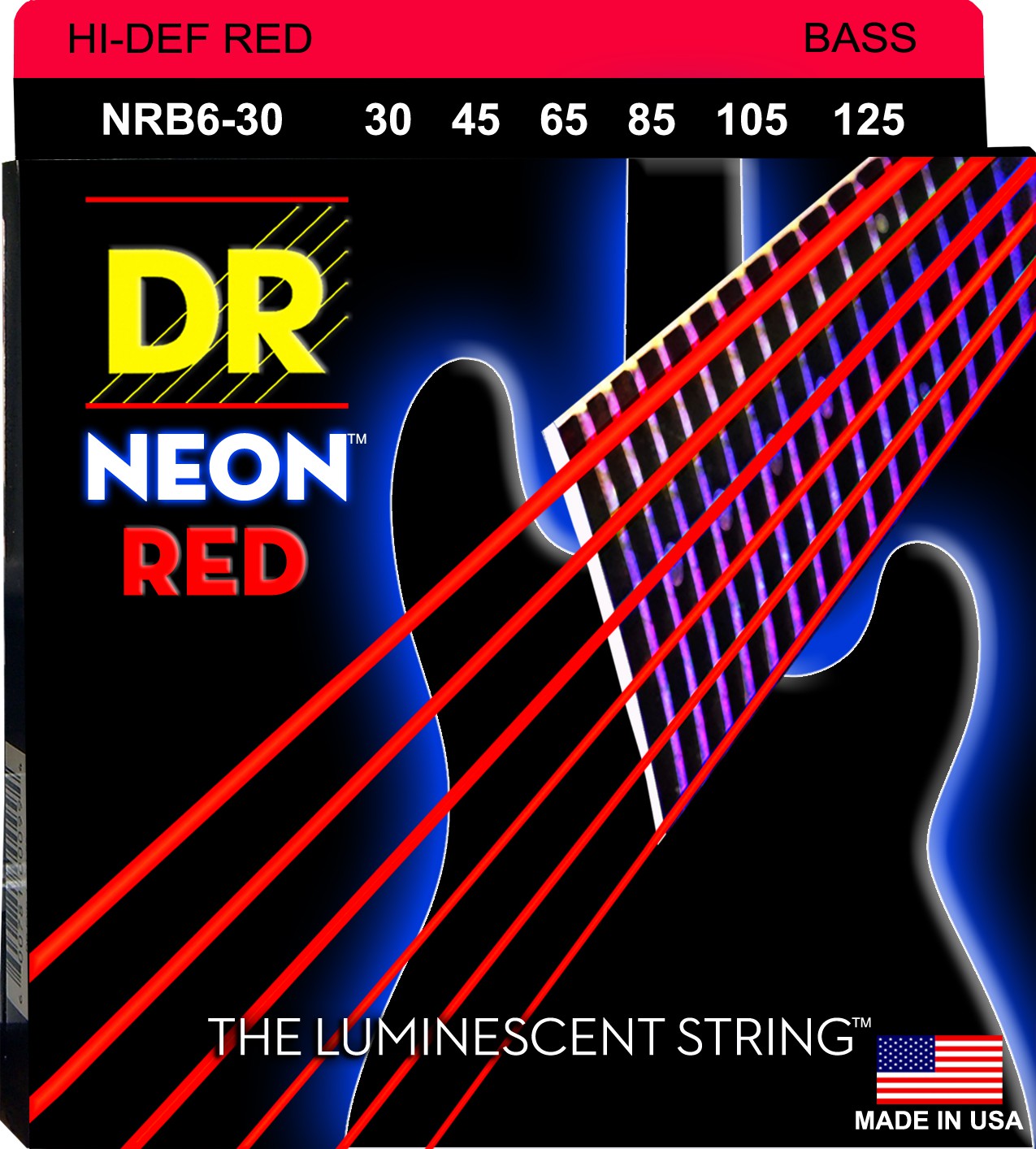 DR NEON Hi-Def Red - struny do gitary basowej, 6-String, Medium, .030-.125