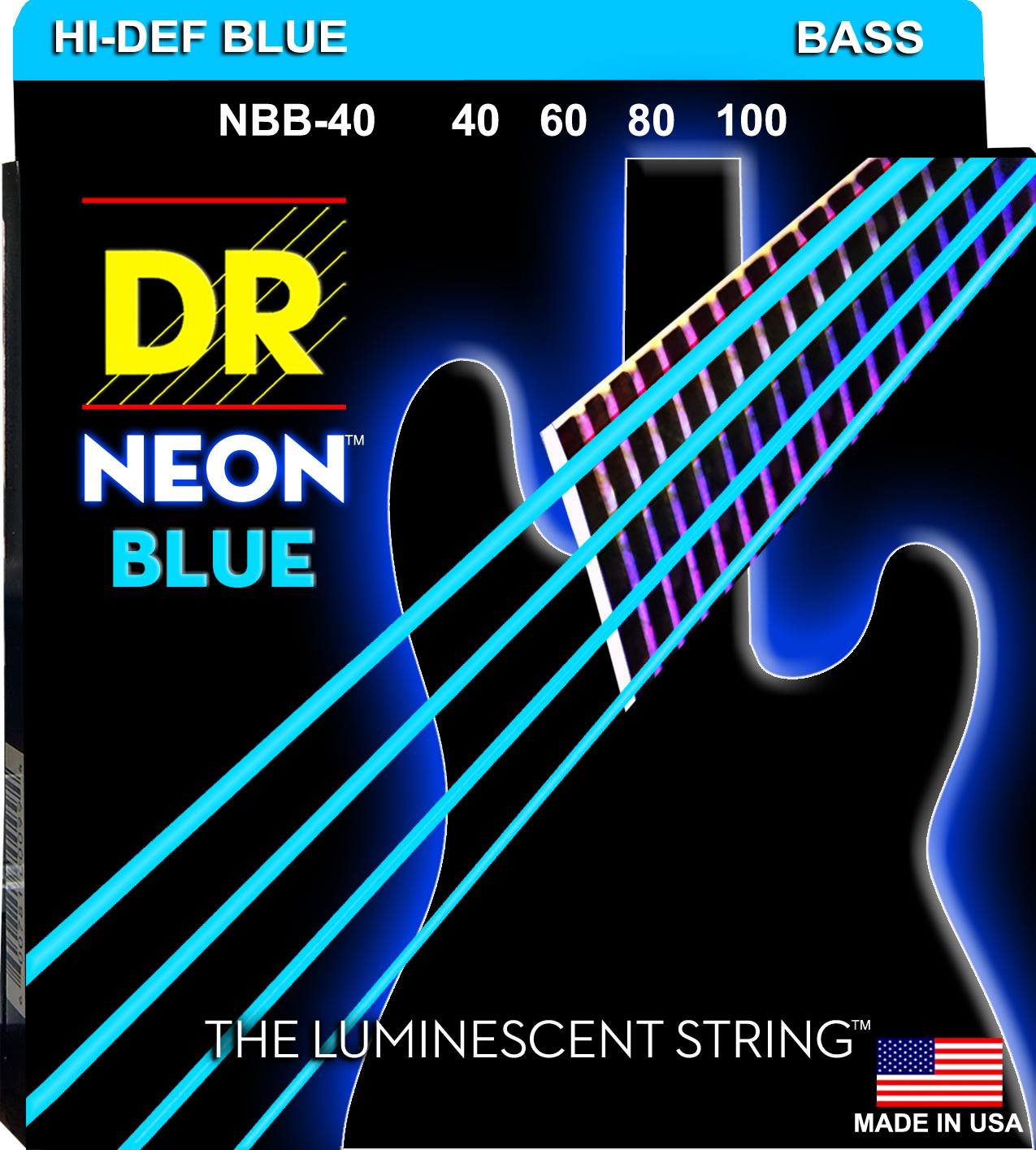 DR NEON Hi-Def Blue - Bass String Set, 4-String, Light, .040-.100 DR NEON Hi-Def Blue - struny do gitary basowej, 4-String, Light, .040-.100