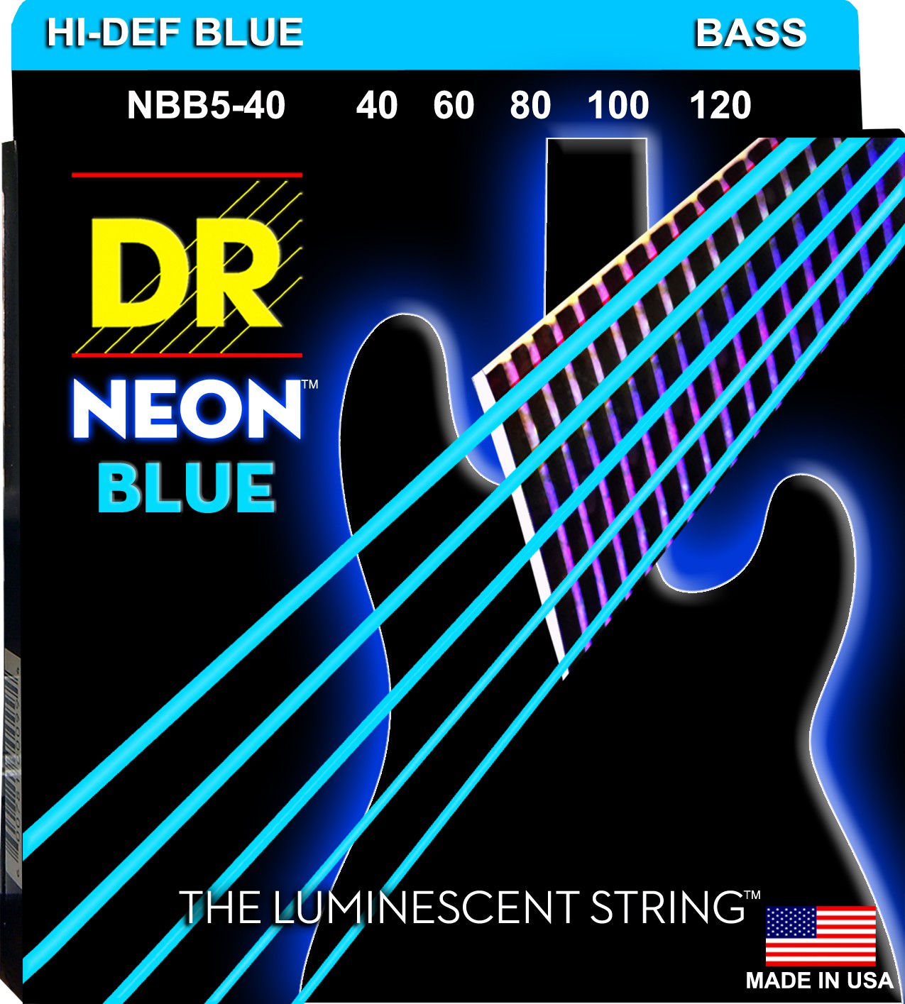 DR NEON Hi-Def Blue - struny do gitary basowej, 5-String, Light, .040-.120