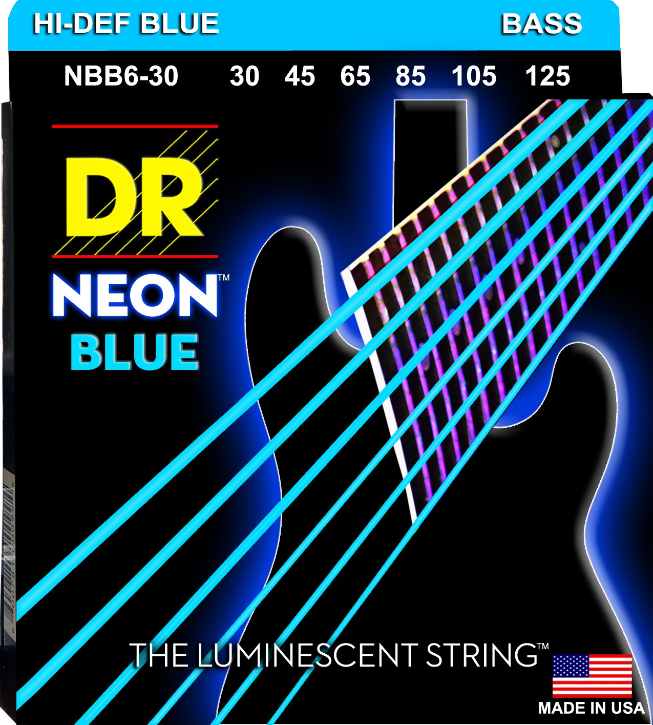 DR NEON Hi-Def Blue - Bass String Set, 6-String, Medium, .030-.125 DR NEON Hi-Def Blue - struny do gitary basowej, 6-String, Medium, .030-.125