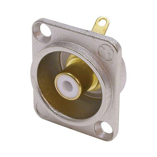 Neutrik NF2D-9 - Female Phono (RCA) Connector in Nickel-Plated D-Housing with white Insulating Washer and Solder Terminal. Neutrik NF2D-9 - Female Phono (RCA) Connector in Nickel-Plated D-Housing with white Insulating Washer and Solder Terminal.