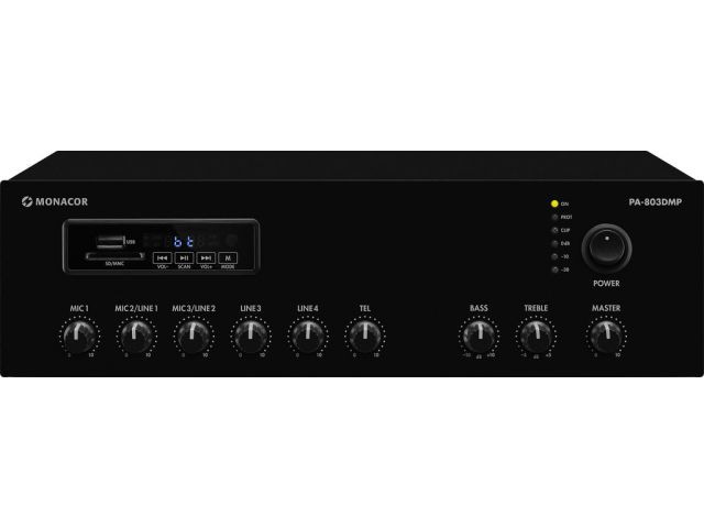 Monacor PA-803DMP - Cyfrowy wzmacniacz miksujący PA mono, MP3, USB/SD, FM, BT, 30W Monacor PA-803DMP - Cyfrowy wzmacniacz miksujący PA mono, MP3, USB/SD, FM, BT, 30W